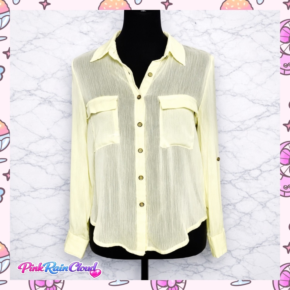Living Doll 90s Sheer Blouse JRS Small Light Yellow Button Front Top